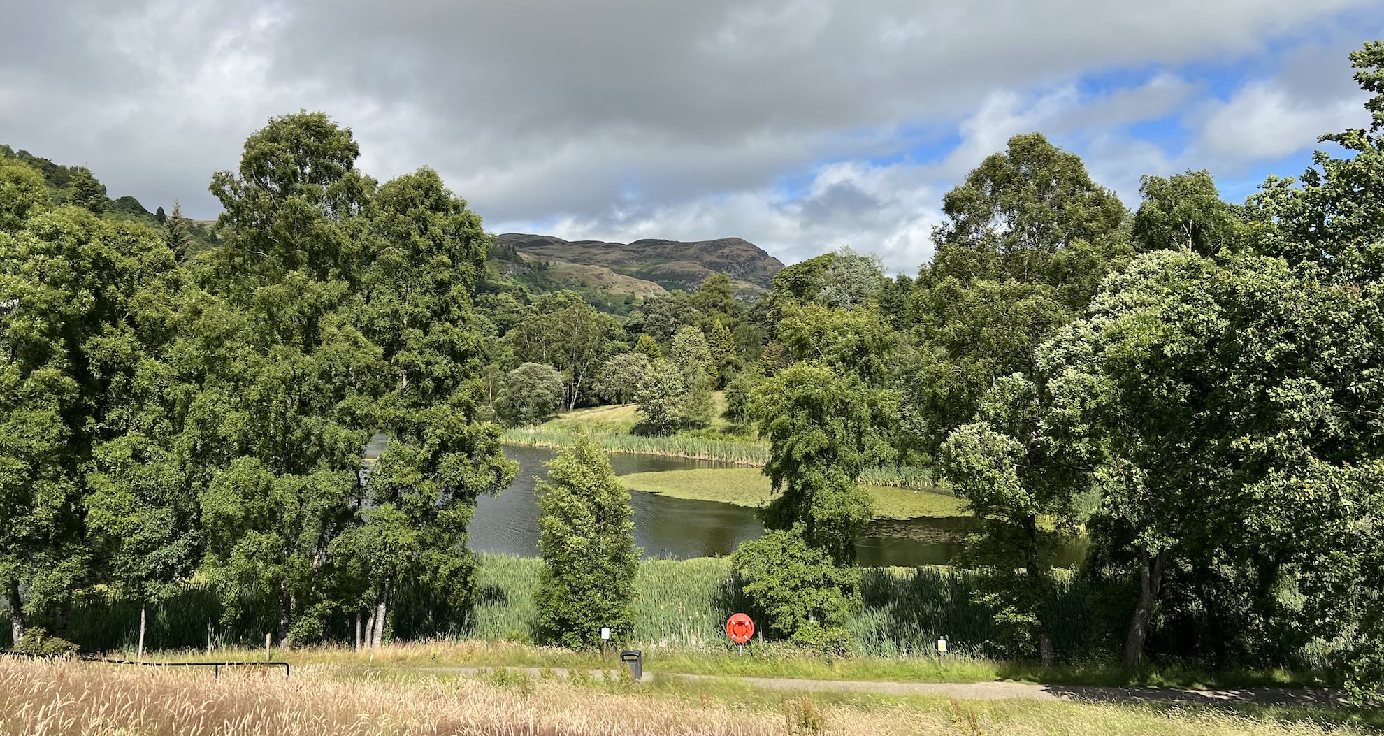 Sweeping green landscape, trees, grassy fields and a river in the distance.